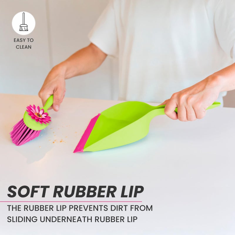 Vigar Flower Power Dust Pan and Brush Handy Set, 12-3/4-Inches, Green, Pink - Image 5